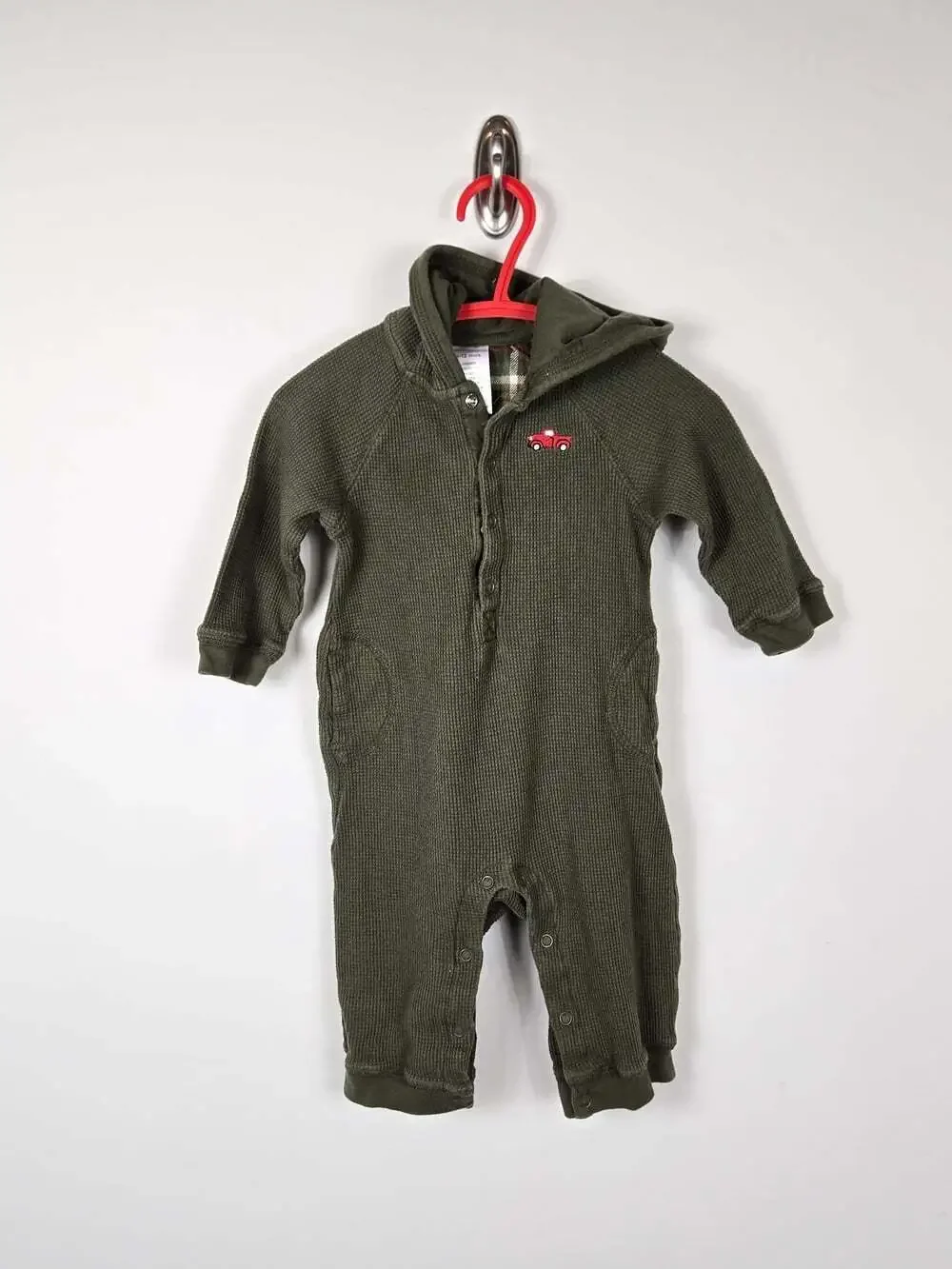 Gymboree Baby Hooded Coverall 6-12M Olive Green Waffle Knit Truck 2008